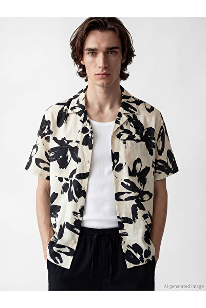 LC Waikiki Ecru Regular Fit Patterned Poplin Men's Shirt