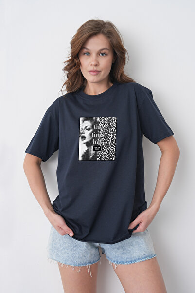 TREND EMMODA Tricou din bumbac, albastru marin, cu decolteu rotund, cu grafic...
