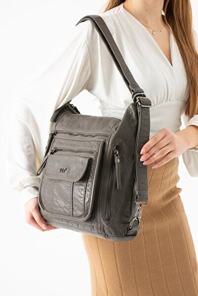 571 Collections Çanta Washed Leather Backpack and Shoulder Bag, Gray Model: (...