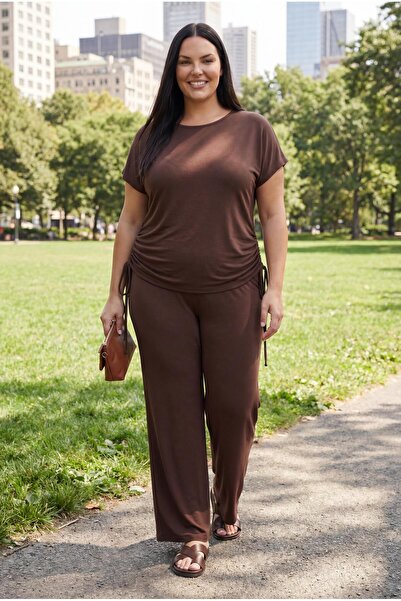 Ebsumu Women's Plus Size Sho Fabric Drawstring Brown Tracksuit Set