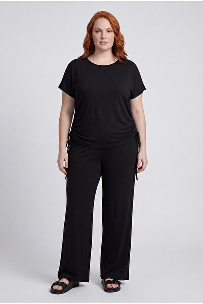 Ebsumu Women's Plus Size Sho Fabric Drawstring Black Tracksuit Set