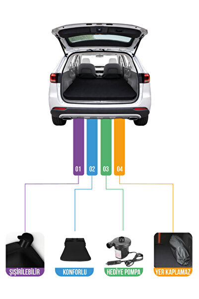 Empressco Araç İçi Şişme Yatak ve Yastık Seti, Pompa, Peugeot 5008, Tiggo, Ot...