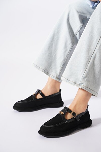 Moda Pie Γυναικείες μπαλαρίνες Terfen με πόρπη στη σόλα, μαύρο σουέντ