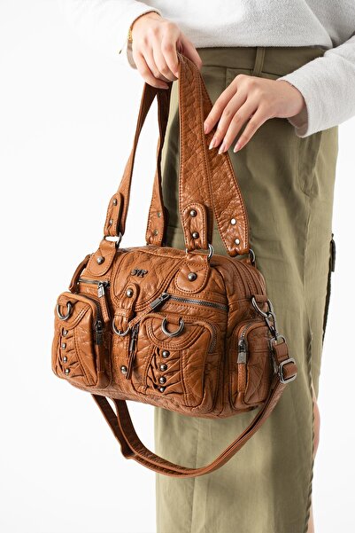 571 Collections Çanta Washed Leather Multi-Compartment Shoulder Bag Tan Model...