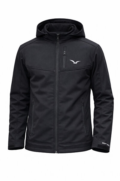 NIVARO Men's Black Softshell Outdoor Jacket with Detachable Hood, Waterproof