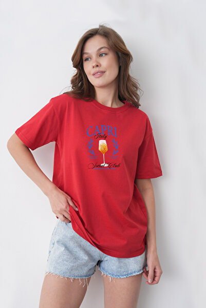 TREND EMMODA Tricou din bumbac roșu, cu gât rotund, cu imprimeu Social Club, ...