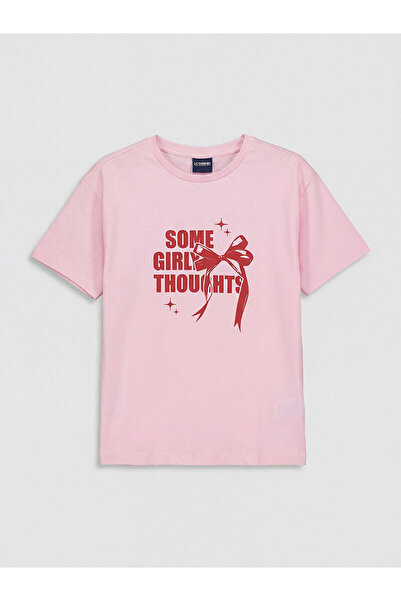 LC Waikiki Trendlucky Girls' T-Shirt with Oval Collar and Printed Design