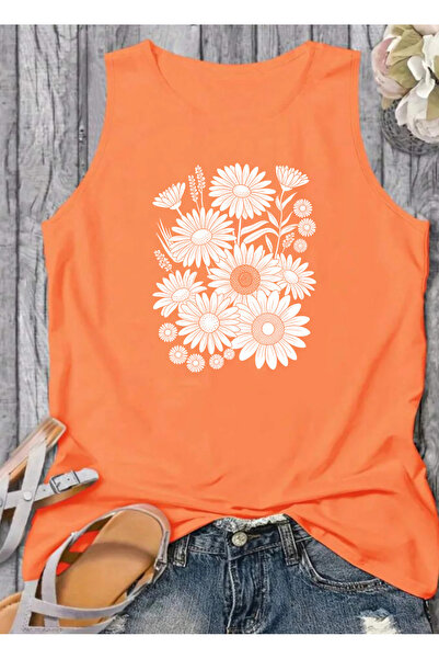 SUNFREE White Flower Printed Women's Crew Neck Cotton Sleeveless Summer Tank ...