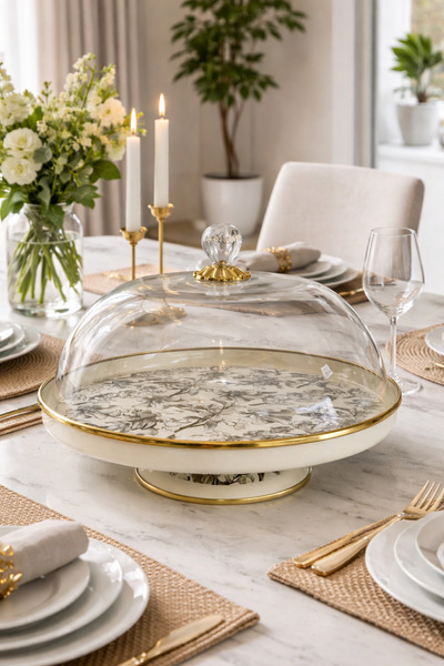 ACAR Scottish Garden Kapaklı Emaye Çiçekli Kek Fanus 30 cm