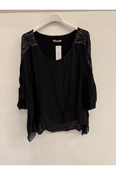 della moor Bluză neagră italiană din mătase, cu paiete la umeri și la tiv, cu...