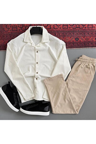 WENMİNG Set de pantaloni și cămașă cu dungi din țesătură Sahra pentru bărbați