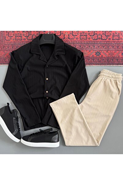 WENMİNG Set de pantaloni și cămașă cu dungi din țesătură Sahra pentru bărbați