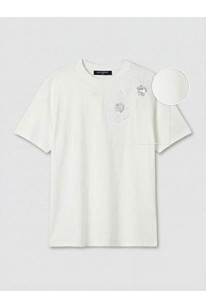 LC Waikiki Rmz Gi̇yi̇m Farkiyla Zero Roba Collar Flower Appliqué Women's T-Shirt