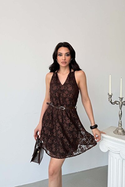 Serica Moda Brown Halter Neck Belted Lined Lace Dress