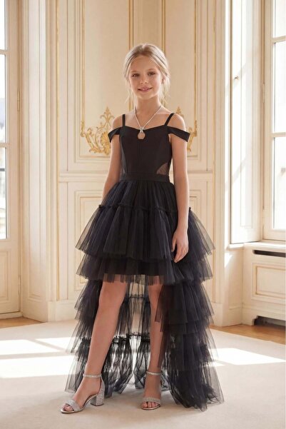 BUTİKHAPPYKİDS Κοριτσίστικο βραδινό φόρεμα από μαύρο τούλι με ουρά, λεπτομέρε...