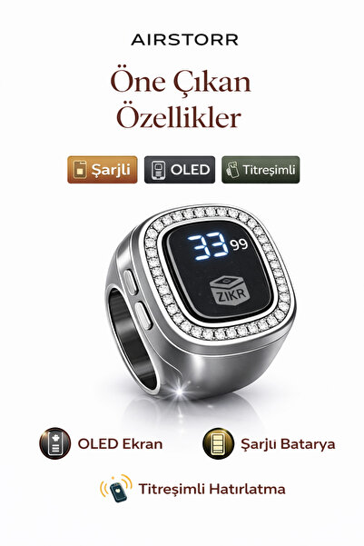Aırstorr Zikrmatik Dijital Tesbih Yüzük OLED Ekranlı Şarjlı Titreşimli Zikir ...