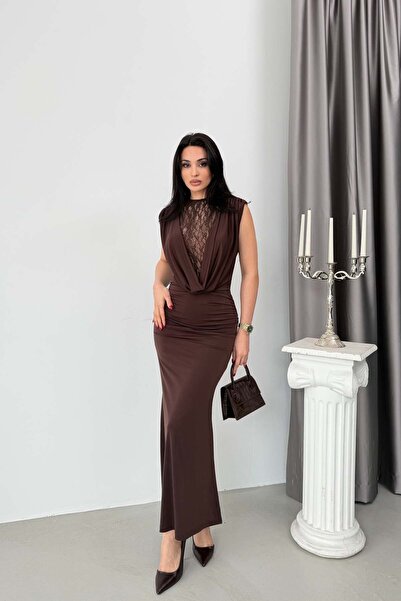 Serica Moda Brown Degaje Collar Lace Detailed Long Dress