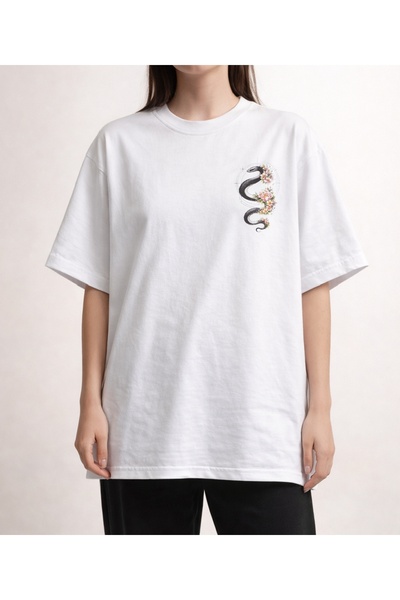 DARK LİNE Snake and Pattern Print Back Print 100% Cotton Oversize T-Shirt