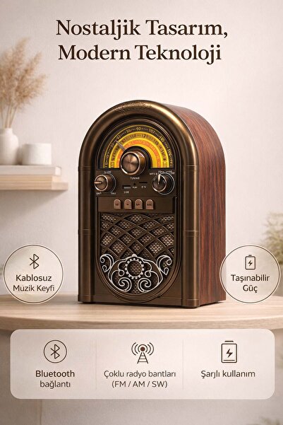 FaroxTech Vintage Ahşap Tasarım Radyo: Bluetooth, Şarjlı FM/AM/SW Radyo ve Ka...