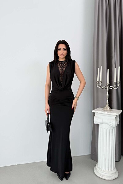 Serica Moda Siyah Degaje Yaka Dantel Detaylı Uzun Elbise
