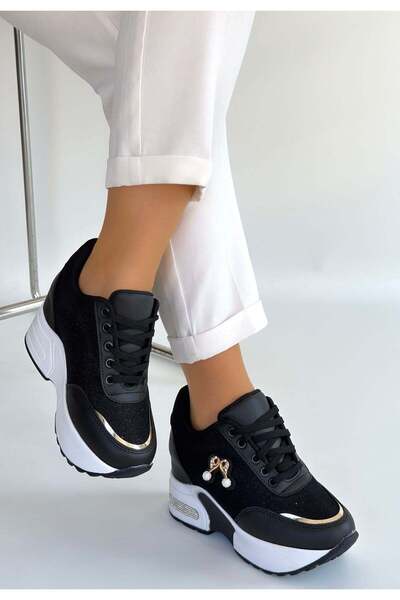 NESSİMO Black Leather Glittery Lace-Up Sports Shoes N267001