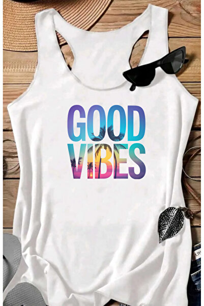 SUNFREE GOOD VIBES Tricou imprimat pentru femei, fără mâneci, pentru înot