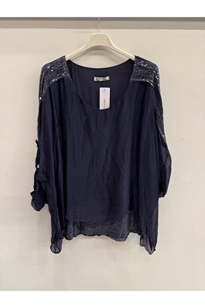 della moor Bluză din mătase, albastru marin, italiană, cu paiete la umeri și ...