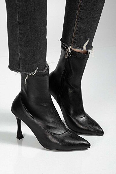 NESSİMO Black Leather Stretch Heeled Boots N267089