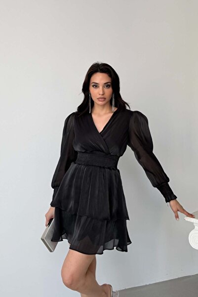 Serica Moda Μαύρο μίνι φόρεμα με διπλό στήθος και μανίκια μπαλόνι με λαιμόκοψη V