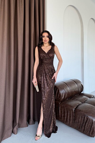 Serica Moda Brown Double-Breasted V-Neck Slit Sequined Evening Dress