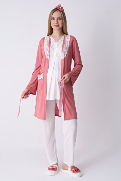 ERDENİZ TEKSTİL Maternity Pajama Set with 3 Pieces - Lace Detailed, Breastfee...