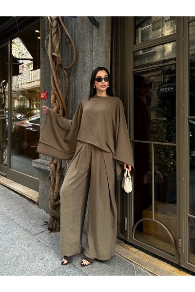 Nes Moda Tencel Kumaş Yarasa Kol Bluz Pileli Palazzo Pantolon Takım