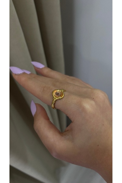 Selay Accessory خاتم أنيق بتفاصيل حجرية ذهبية وردية، خاتم نسائي أنيق وبسيط