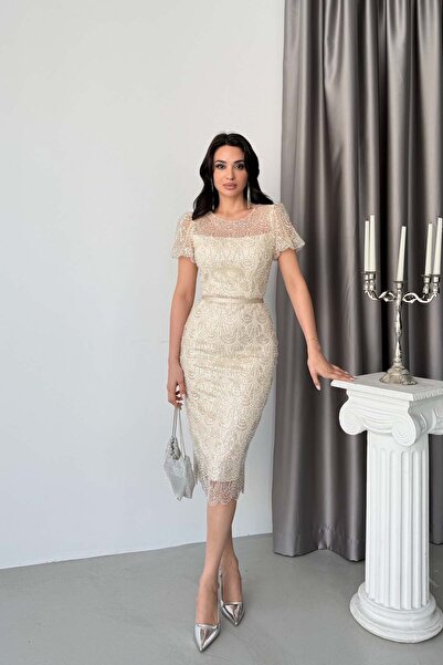Serica Moda Beige Beaded Belted Short Sleeve Midi Evening Dress