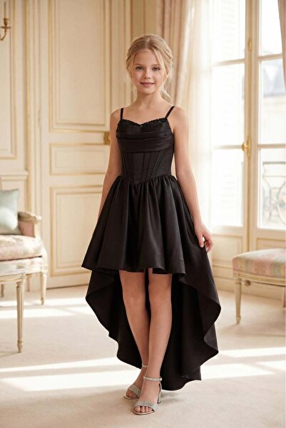 BUTİKHAPPYKİDS Βραδινό φόρεμα για κορίτσια Μαύρο Princess Tailed Club Σατέν φ...