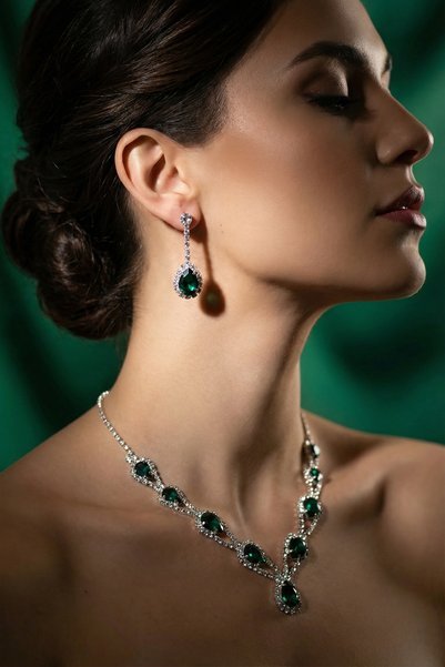 Valmont Accessories Hürrem Model Green Stone Necklace Earrings Jewelry Set Choker - Bridal Wedding Engagement Evening Dress Set