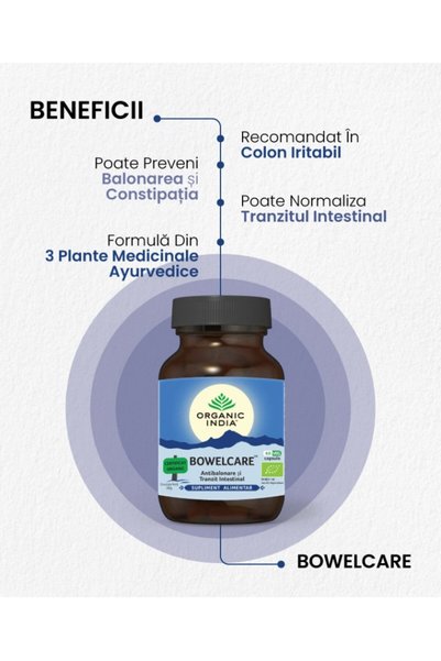 Organic India Bowelcare | Tranzit Intestinal, Combate Balonarea, 60 capsule vegetale