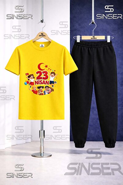 SS SİNSER Children's Children's Writing 23 April Printed T-Shirt Sweatpants Set