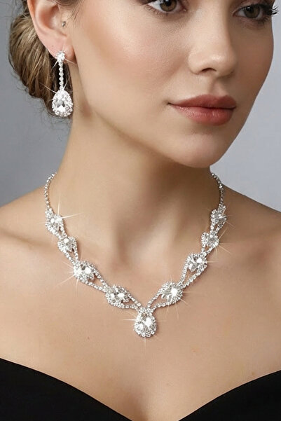 Valmont Accessories Hürrem Model Janjan Taşlı Kolye Küpe Takı Seti - Gelin Dü...