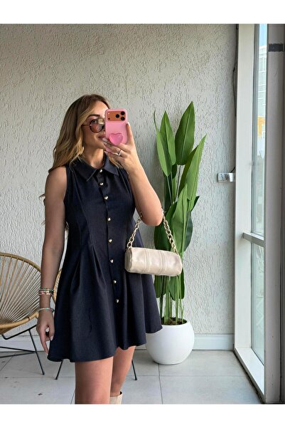 ALVOR Navy Blue Jean Gold Buttoned Bell Dress