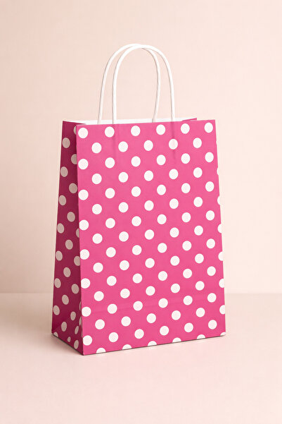 Atölye Kraft Puantiyeli Fuşya Renk Kraft Çanta 25x12x31 cm 5 Adet