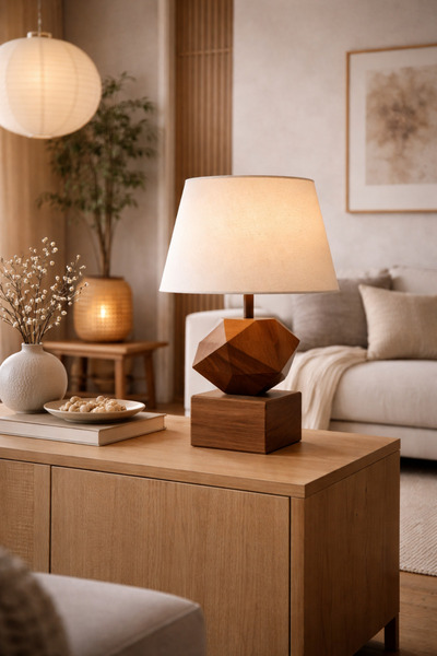 Vinner Geometric Ceviz Abajur – Modern Tasarım, Dekoratif Geometrik Masa Lamb...