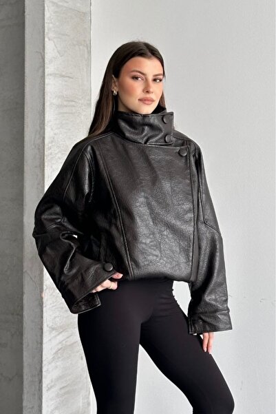 gm giyimarket New Season Zra Viral Oversize Stand Collar Women's Leather Jacket
