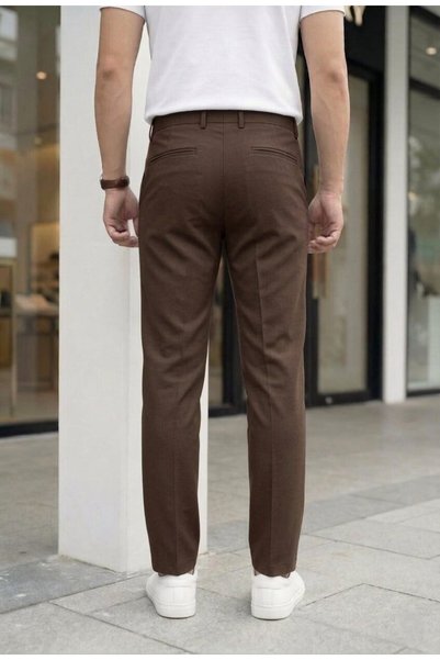 Ser Joven Men's Brown Fabric Trousers Slim Fit Lycra Ankle Length Side Pocket