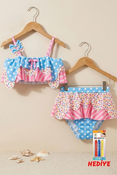 ZUZUNGA Бікіні з різнокольоровим цукерковим візерунком для дівчинки з рюшами