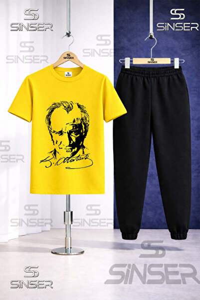 SS SİNSER Παιδικό σετ φόρμας με μπλουζάκι με στάμπα ATATURK SIGNATURE ΜΑΥΡΟ