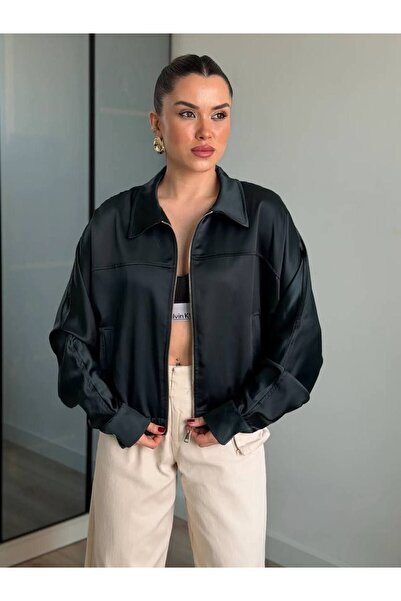 LOKADI Women's Black Satin Bomber Jacket - Oversized Draped Jacket with Shirt...