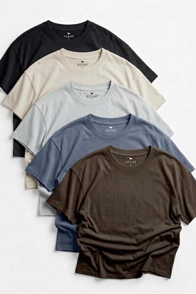 assef Ανδρικό μπλουζάκι 5 τεμαχίων σε μαύρο-μπεζ-γκρι-καφέ-ιντιγκό, oversized...