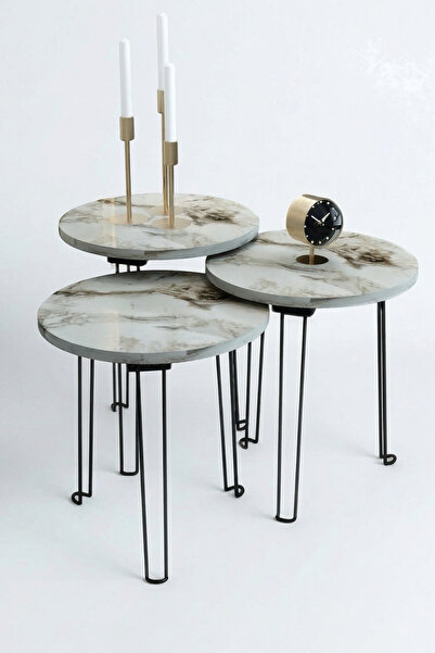 OKAE طقم طاولات خدمة تركي دائرية متداخلة 3 قطع سطح خشب بتصميم رخامي فاتح وأرج...