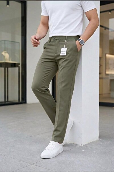 MODAMESTO Men's Khaki Slim Fit Lycra Side Pocket Ankle Length Plain Fabric Tr...